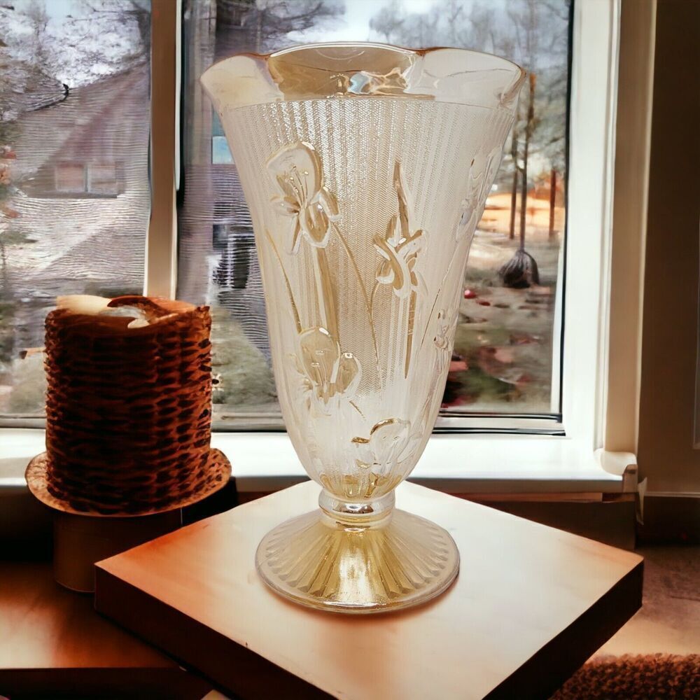 Vintage‎ Jeanette Marigold Carnival Depression Glass Vase"Iris & Herringbone"